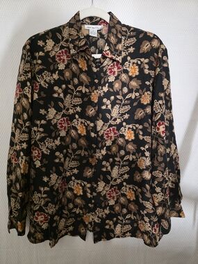 Anna and Frank Black Silk Floral Button-Up with Red & Tan Blooms